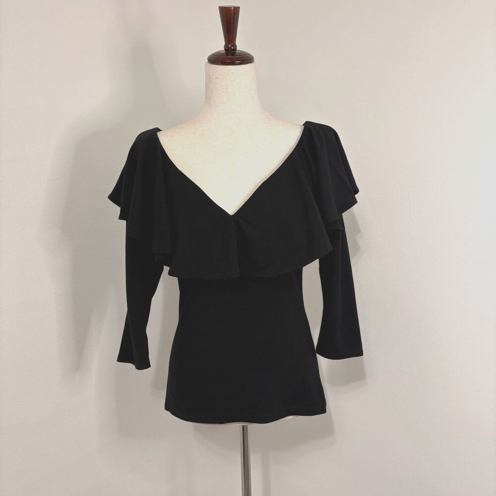 Unique Vintage Black V-Neck Ruffle 3/4 Sleeve Top Sz L